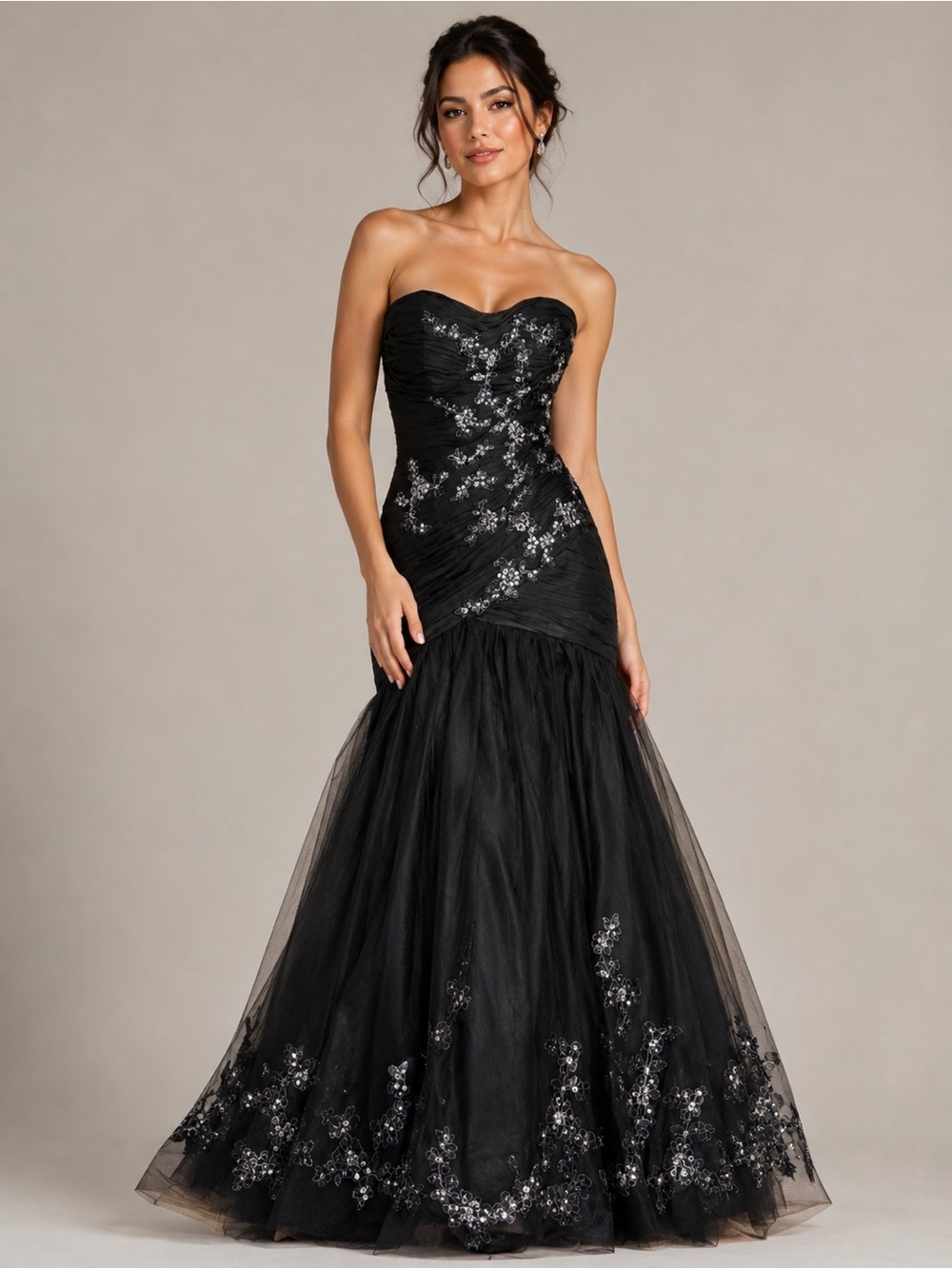 ALBERTO MAKALI Strapless Black Mermaid Gown with Silver Embellishment-Size 10
